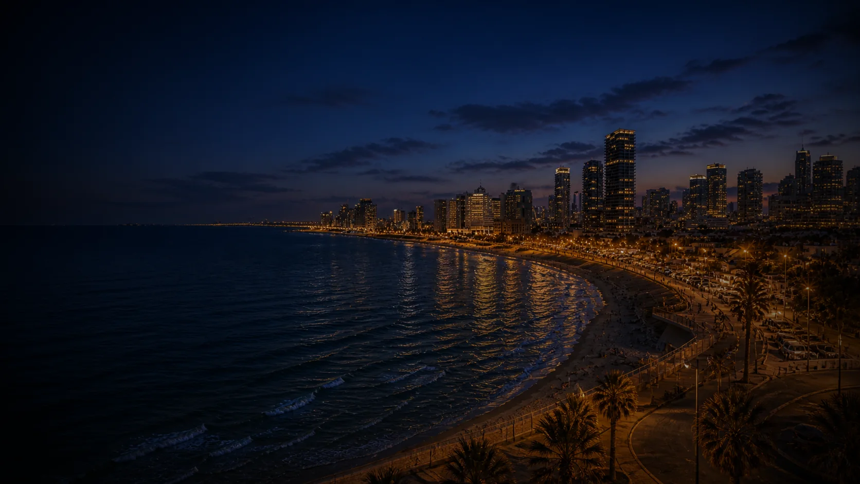 Tel Aviv coastline at night